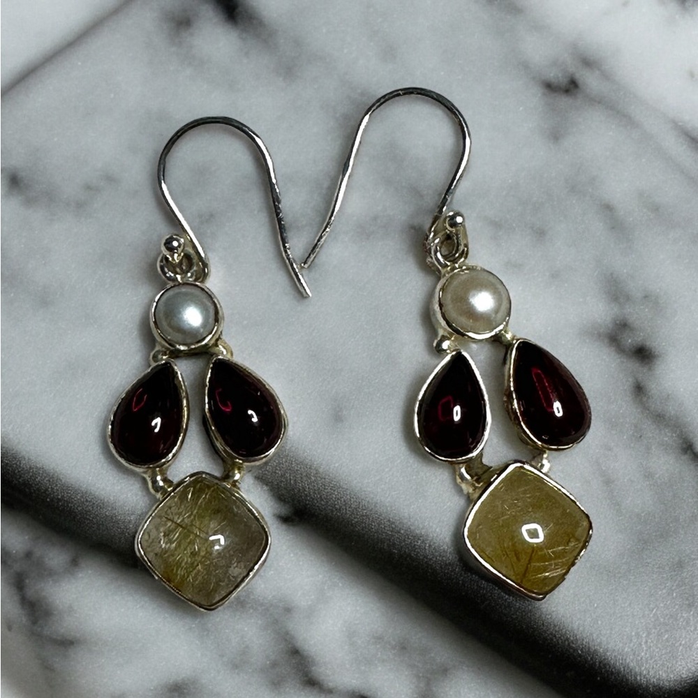 Pearl, Amethyst & Golden Rutilated Quartz Sterling Silver Drop Earrings